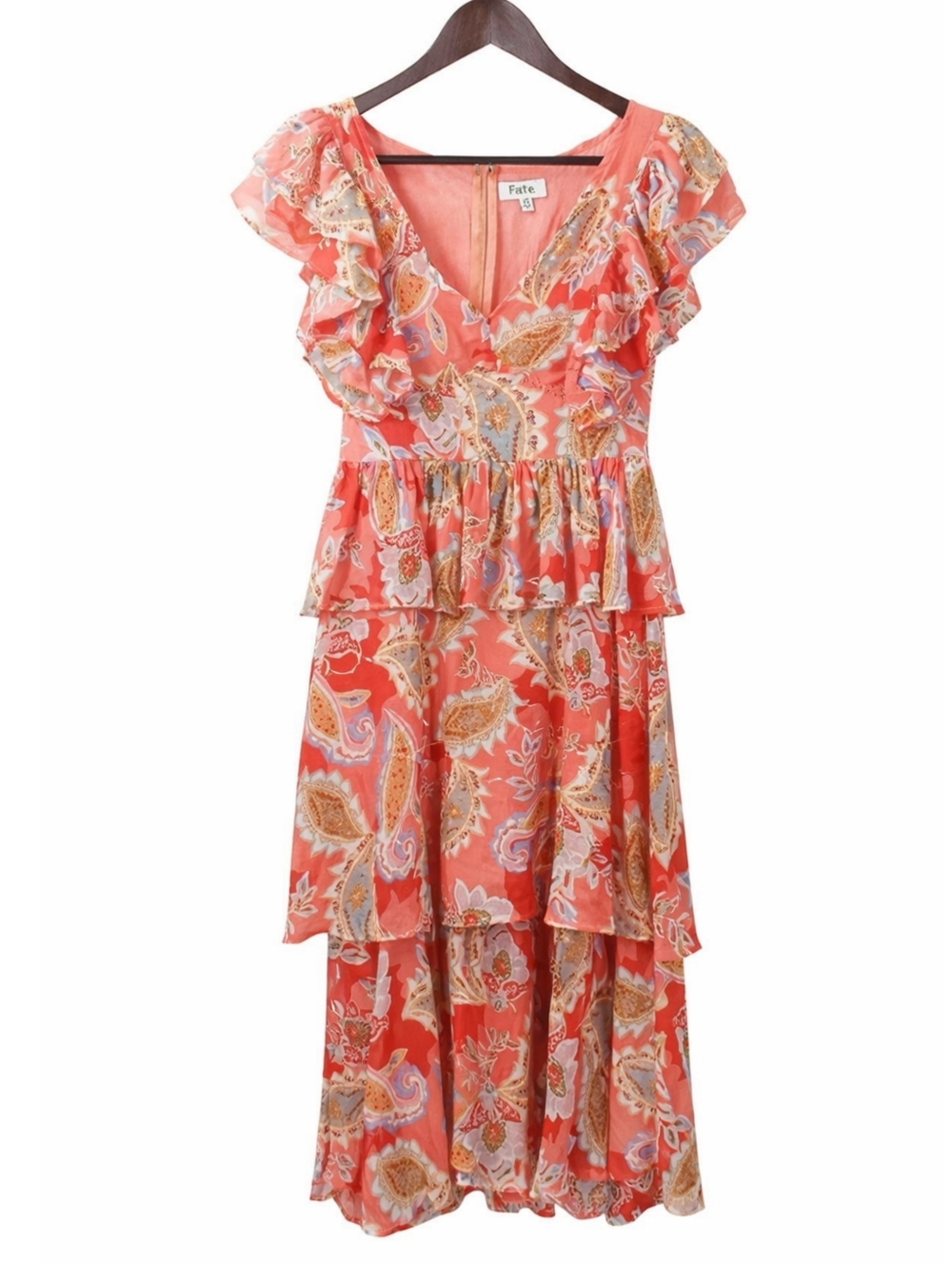Fate Paisley Tiered Midi Dress Flutter Sleeve Romantic Boho Medium